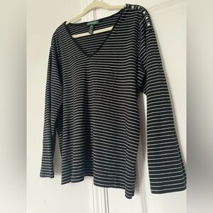 Lauren Ralph Lauren Plus 3X V Neck Top Shoulder Button Metallic Striped Preppy